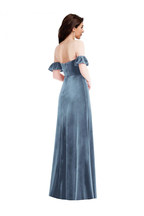 Vendedor de Fora do Ombro Veludo Elástico Mangas Folhos Lombar Azul Empoeirado Vestidos de Madrinha / Vestidos de Festa