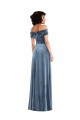 Vendedor de Fora do Ombro Veludo Elástico Sem Mangas Azul Empoeirado Longo Vestidos de Madrinha / Vestidos de Festa