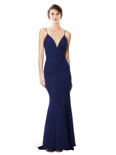 Vendedor de Alças finas Crepe Esticado Sem Mangas Abrir de volta Azul Marinho Vestidos de Madrinha / Vestidos de Noite / Vestidos de Festa