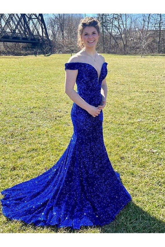 Vendedor de Fora do Ombro Lantejoulas Veludo Sem Mangas Azul Real Longo Vestidos de Festa