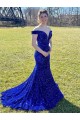 Vendedor de Fora do Ombro Lantejoulas Veludo Sem Mangas Azul Real Longo Vestidos de Festa