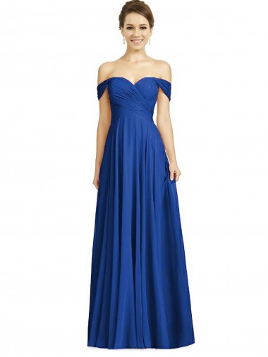 Vendedor de Fora do Ombro Chiffon Mangas Curtas Azul Real Vestidos de Madrinha
