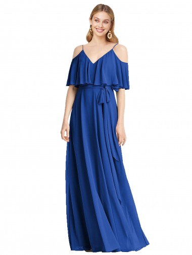 Vendedor de Alças finas Chiffon Ombro Frio Azul Real Vestidos de Madrinha