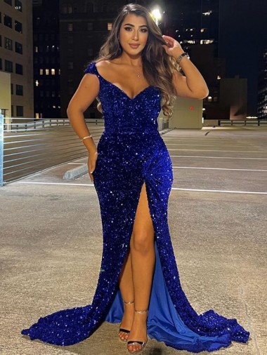 Vendedor de Decote V Lantejoulas Veludo Sem Mangas Azul Real Vestidos de Festa / Vestidos de Madrinha