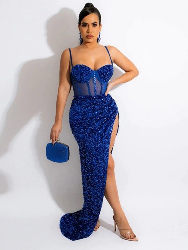 Vendedor de Alças finas Lantejoulas Veludo Sem Mangas Azul Real Vestido de Festa / Vestido de Noiva