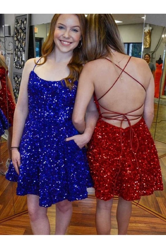 Vendedor de Alças finas Lantejoulas Veludo Sem Mangas Azul Real Curto Vestidos de Festa
