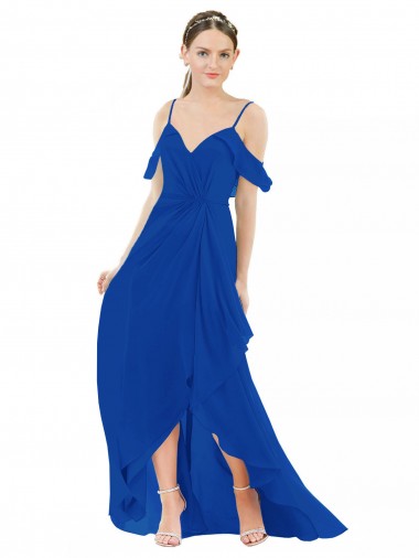 Vendedor de Decote V Chiffon Ombro Frio Azul Real Alto Baixo, Vestidos de Madrinha
