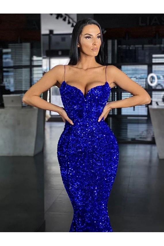 Vendedor de Alças finas Lantejoulas Veludo Sem Mangas Azul Real Sereia Vestidos de Festa