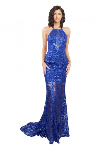 Vendedor de Decote Alto Renda Sem Mangas Abrir de volta Azul Real Vestidos de Madrinha / Vestidos de Festa