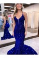 Vendedor de Decote V Lantejoulas Veludo Sem Mangas Azul Real Longo Vestidos de Festa
