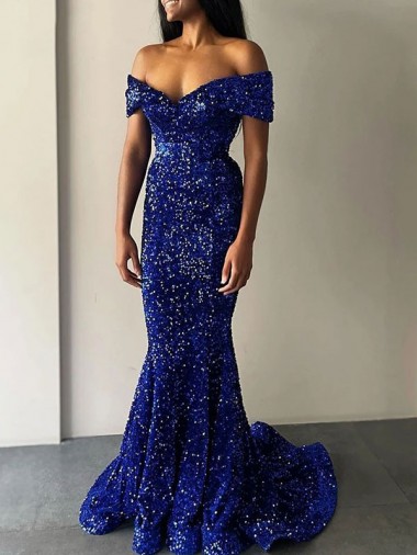 Vendedor de Fora do Ombro Lantejoulas Veludo Sem Mangas Azul Real Vestidos de Festa