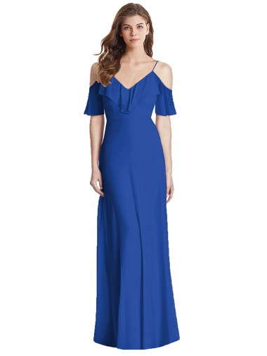 Vendedor de Alças finas Chiffon Ombro Frio Costas em V Azul Real Vestidos de Madrinha
