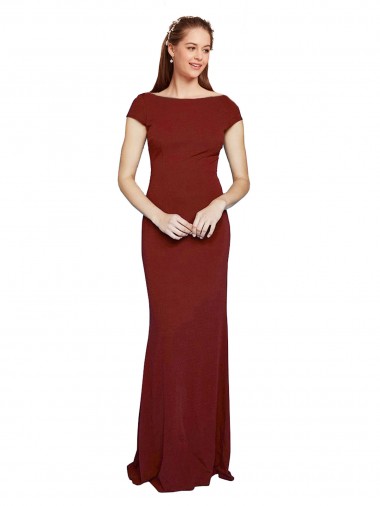 Vendedor de Decote redondo Crepe Esticado Mangas Curtas Buraco da fechadura Borgonha 10# Vestidos de Madrinha / Vestidos de Noite / Vestidos de Festa