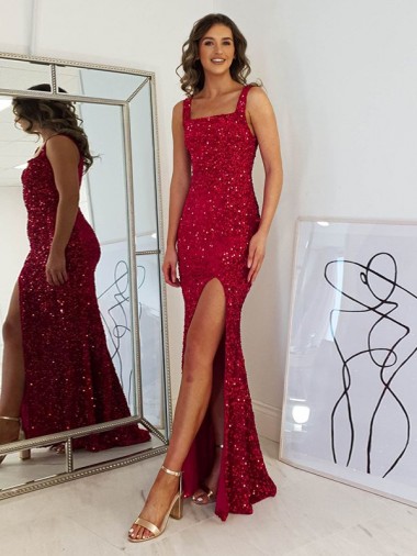 Vendedor de Decote Quadrado Lantejoulas Veludo Sem Mangas Borgonha Vestidos de Festa