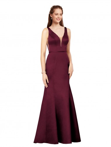 Vendedor de Decote V Cetim Sem Mangas Costas em V Borgonha Longo Vestidos de Madrinha / Vestidos de Noite / Vestidos de Festa