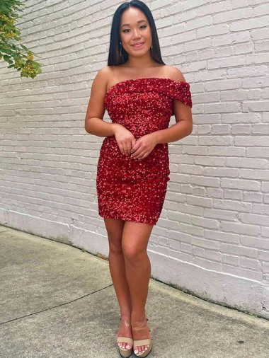 Vendedor de Um Ombro Lantejoulas Veludo Sem Mangas Borgonha Curto Vestidos de Festa
