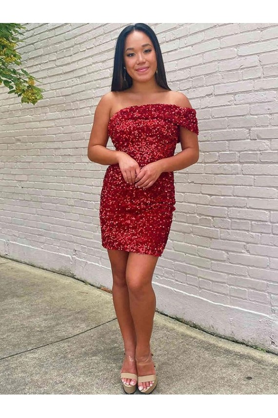 Vendedor de Um Ombro Lantejoulas Veludo Sem Mangas Borgonha Curto Vestidos de Festa