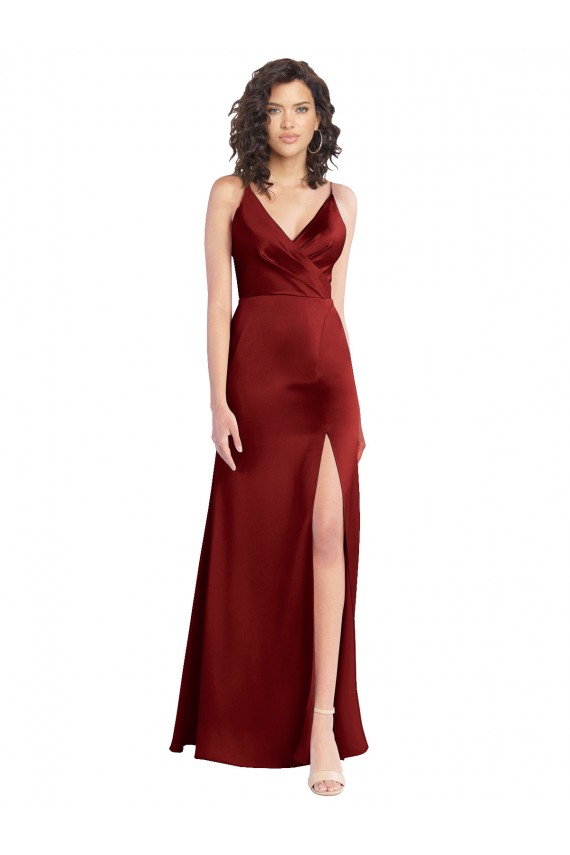 Vendedor de Decote V Cetim Elástico Sem Mangas Costas em V Borgonha Vestido de Madrinha / Vestido de Baile