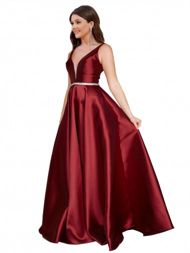 Vendedor de Decote V Cetim Sem Mangas Costas em V Borgonha Vestidos de Madrinha / Vestidos de Noite / Vestidos de Festa
