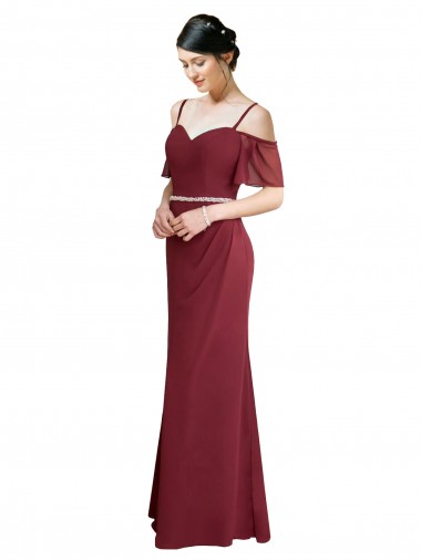 Vendedor de Alças finas Chiffon Ombro Frio Lombar Borgonha Vestidos de Madrinha