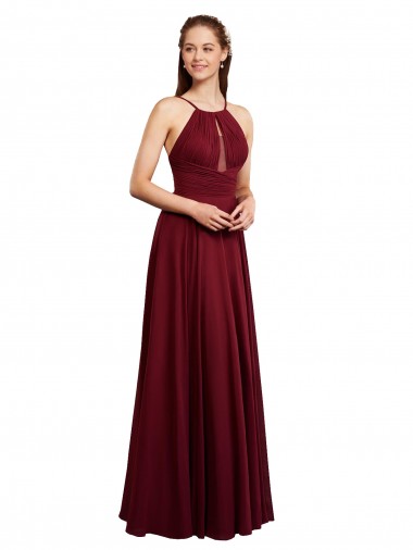Vendedor de Alças finas Chiffon Sem Mangas Abrir de volta Borgonha Vestido de Madrinha