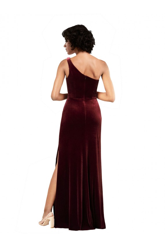 Vendedor de Um Ombro Veludo Elástico Sem Mangas Borgonha Vestidos de Madrinha / Vestidos de Noite / Vestidos de Festa