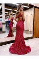 Vendedor de Um Ombro Lantejoulas Veludo Sem Mangas Borgonha Longo Vestidos de Festa