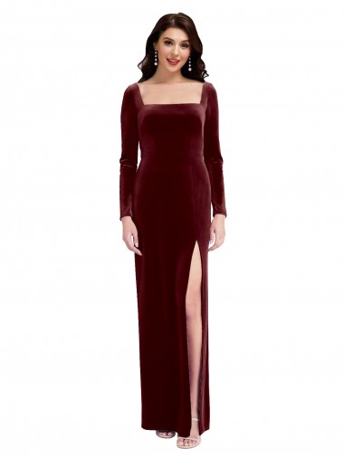 Vendedor de Alças finas Veludo Elástico Mangas Compridas Lombar Borgonha Vestidos de Madrinha / Vestidos de Festa