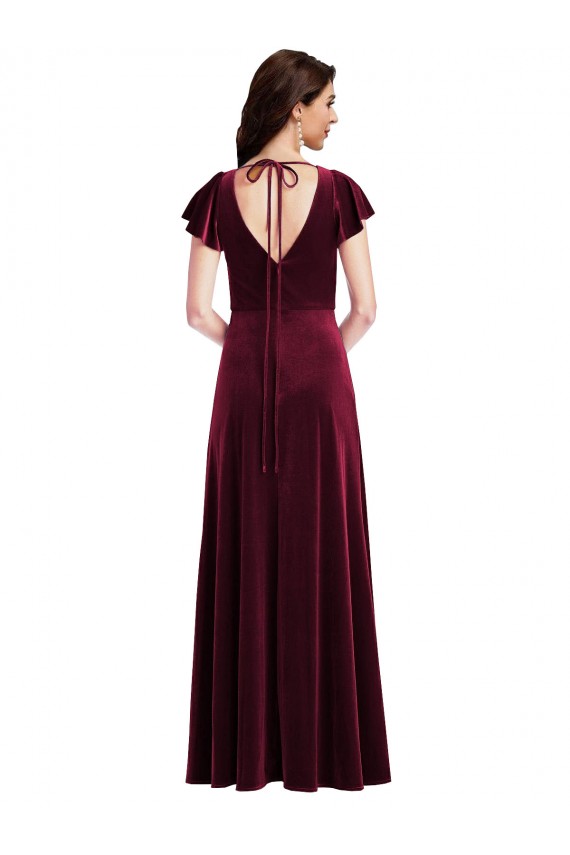 Vendedor de Decote V Veludo Elástico Mangas Esvoaçantes Borgonha Vestidos de Madrinha / Vestidos de Festa