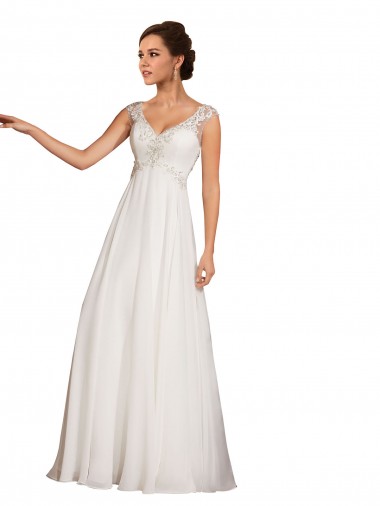 Vendedor de Decote V Chiffon & Renda Mangas Curtas Branco Vestidos de Noiva
