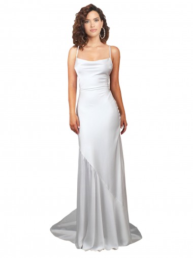 Vendedor de Decote Capuz Cetim Sedoso Sem Mangas Abrir de volta Branco Longo Vestidos de Noiva