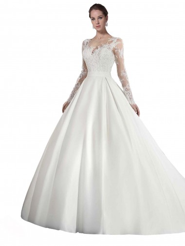 Vendedor de Decote Ilusão Cetim & Renda Mangas Compridas Branco Vestidos de Noiva