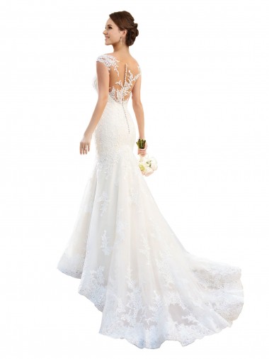Vendedor de Decote Ilusão Renda Mangas Curtas Branco Vestidos de Noiva