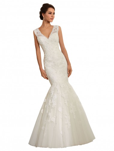 Vendedor de Decote V Tule & Renda Sem Mangas Buraco da fechadura Branco Vestidos de Noiva