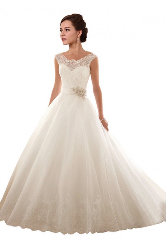 Vendedor de Fora do Ombro Tule & Renda Sem Mangas Branco Vestido de Noiva