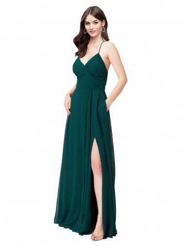 Vendedor de Decote V Chiffon Sem Mangas Criss Cruz Caçador Verde Vestidos de Madrinha