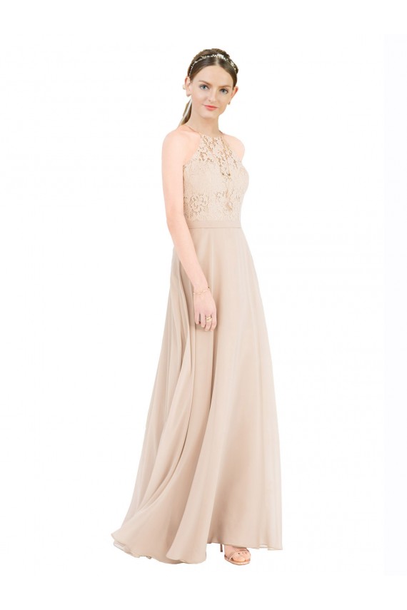 Vendedor de Cabeçada Chiffon & Renda Sem Mangas Buraco da fechadura Champanhe Vestidos de Madrinha / Vestidos de Festa