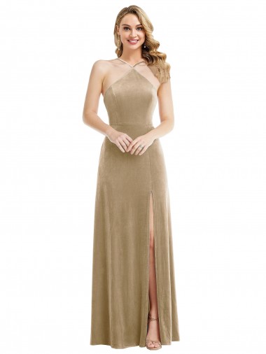 Vendedor de Cabeçada Veludo Elástico Sem Mangas Abrir de volta Champanhe Vestidos de Madrinha / Vestidos de Festa