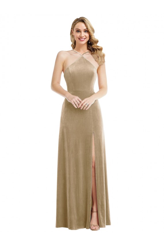 Vendedor de Cabeçada Veludo Elástico Sem Mangas Abrir de volta Champanhe Vestidos de Madrinha / Vestidos de Festa
