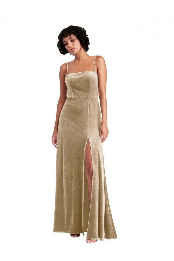 Vendedor de Decote Quadrado Veludo Elástico Sem Mangas Lombar Champanhe Vestidos de Madrinha / Vestidos de Noite / Vestidos de Festa