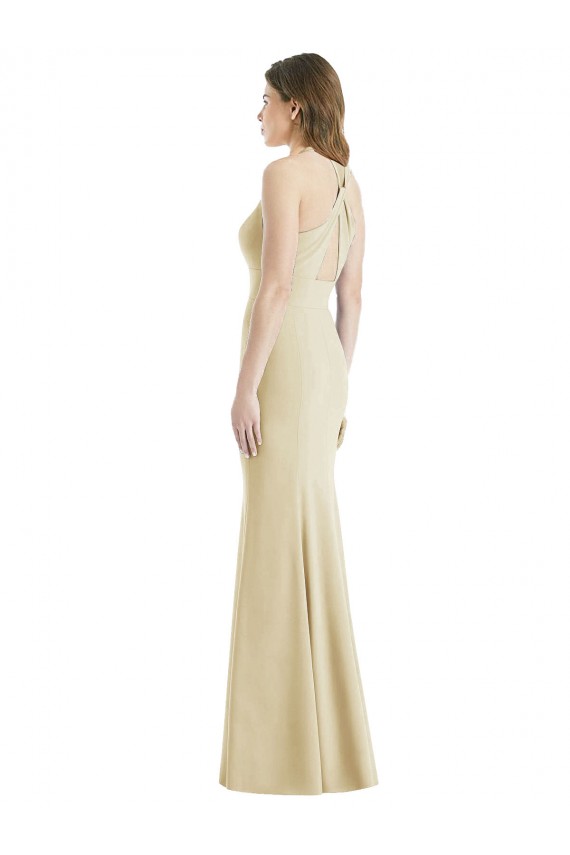 Vendedor de Barco Crepe Esticado Sem Mangas Abrir de volta Champanhe Vestidos de Madrinha / Vestidos de Festa