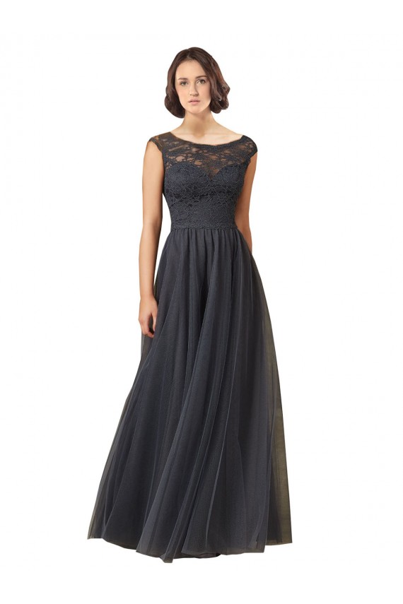 Vendedor de Barco Tule & Renda Mangas Curtas Cinza Ardósia Vestidos de Madrinha
