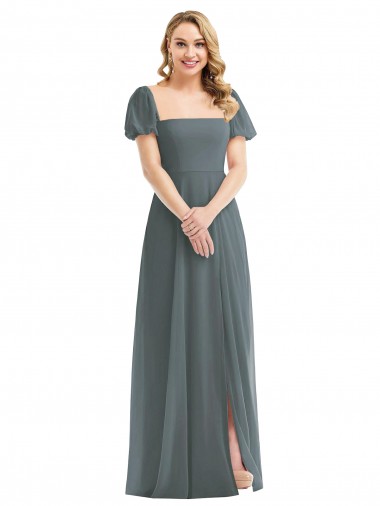 Vendedor de Decote Quadrado Chiffon Mangas Bufantes Cinza Ardósia Vestidos de Madrinha