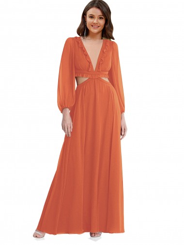 Vendedor de Decote V Chiffon Mangas Compridas, Mangas Bispo Abrir de volta Firecracker Alto Baixo, Vestidos de Madrinha