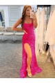 Vendedor de Alças finas Lantejoulas Veludo Sem Mangas Fúcsia Vestidos de Festa