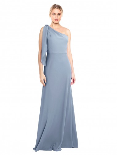 Vendedor de Um Ombro Crepe Esticado Mangas Esvoaçantes Fumo Azul Vestidos de Madrinha / Vestidos de Noite / Vestidos de Festa