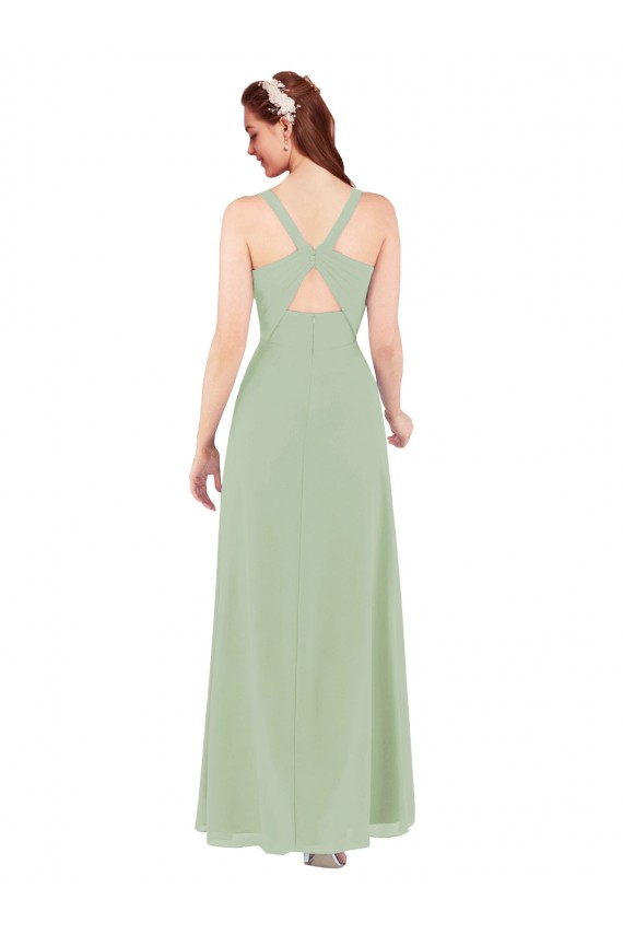 Vendedor de Decote V Chiffon Sem Mangas Buraco da fechadura Fumo Verde Vestidos de Madrinha