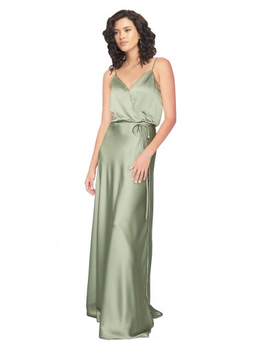 Vendedor de Decote V Cetim Sedoso Sem Mangas Costas em V Fumo Verde Vestidos de Madrinha / Vestidos de Noite