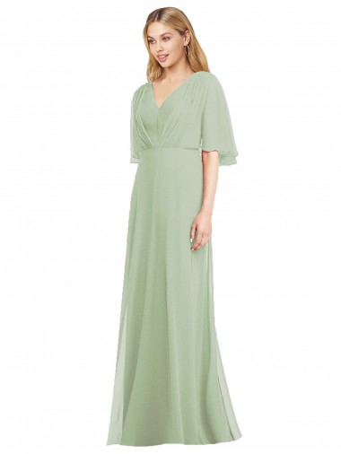 Vendedor de Decote V Chiffon Mangas Esvoaçantes Fumo Verde Vestidos de Madrinha