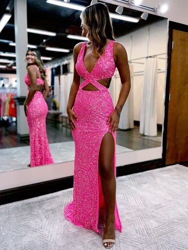 Vendedor de Decote V Lantejoulas Veludo Sem Mangas Vestido de Festa / Vestido de Madrinha